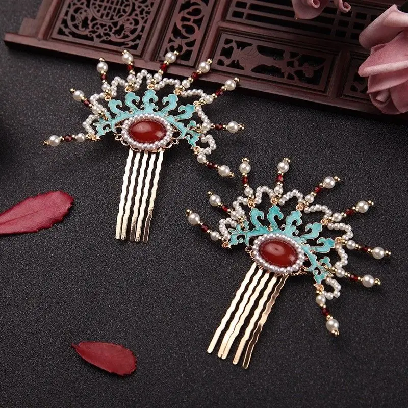 Accesorio para el cabello Hanfu con diseño de perlas, peine para el cabello de estilo antiguo, horquilla estilo Ming, adorno para el cabello azul quemado
