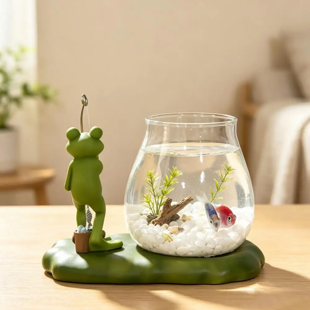Glass Fish Bowl Mini Decorative Fish Tank Frog Fishing Glass Fish Tank Ornament with Resin Lotus Leaf Base Hydroponic Plant