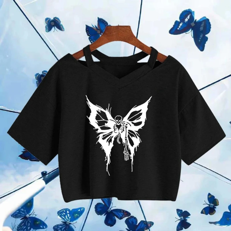 

2000s Creative Butterfly Pattern Printing Crop Top Y2K Vintage High Street Aesthetic T-shirt Summer Punk Short Sleeve Casual Tee
