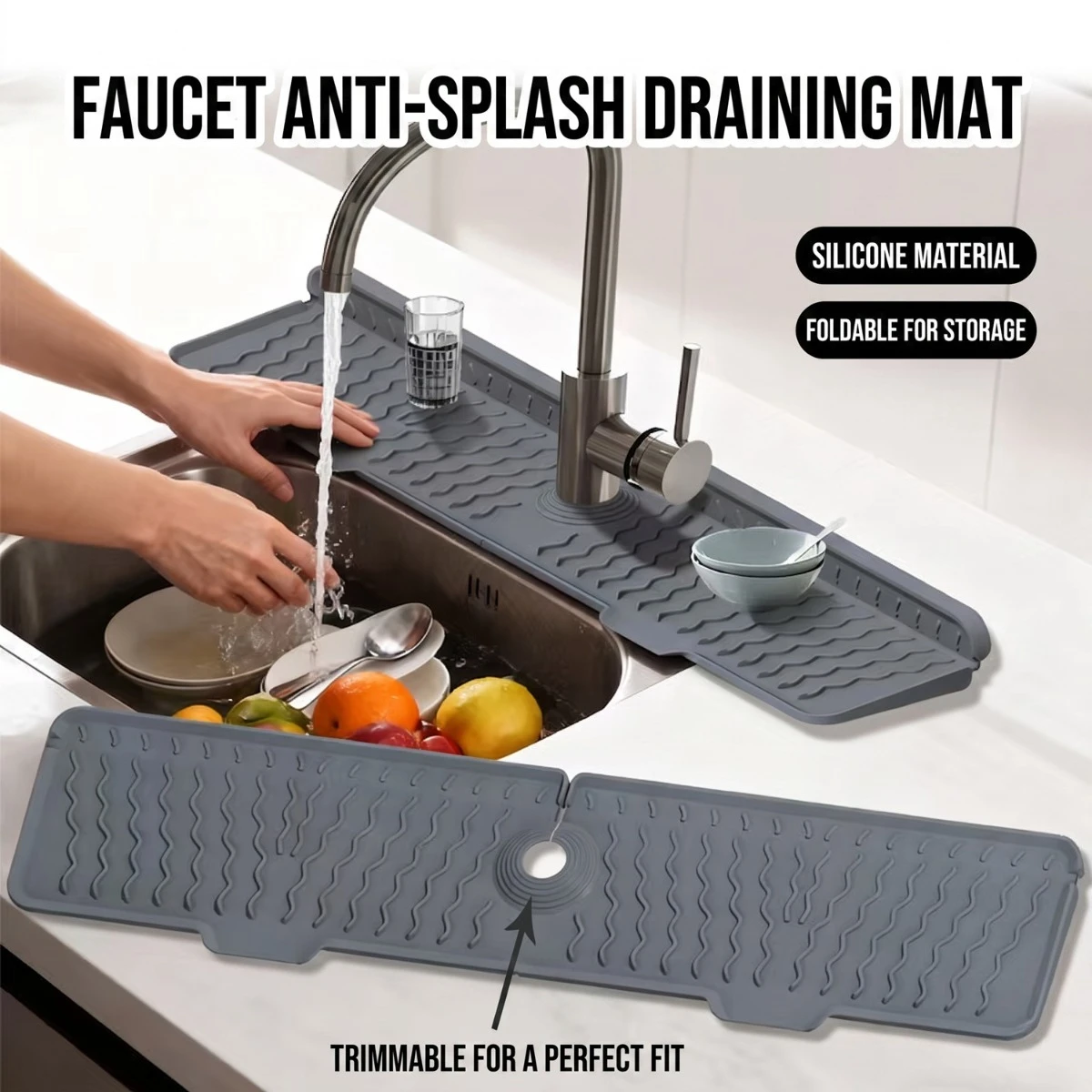 Large Silicone Faucet Mat: 5° Tilted Sponge Holder & Foldable Splash Guard for Kitchen or Bathroom Countertop Organization
