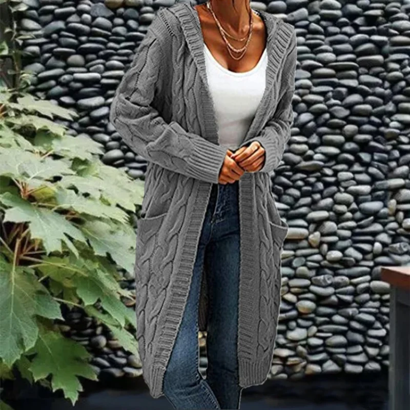 Outono inverno feminino cardigan longo camisola casacos com bolsos de malha frente aberta com capuz camisola cardigans cabo malha suéteres