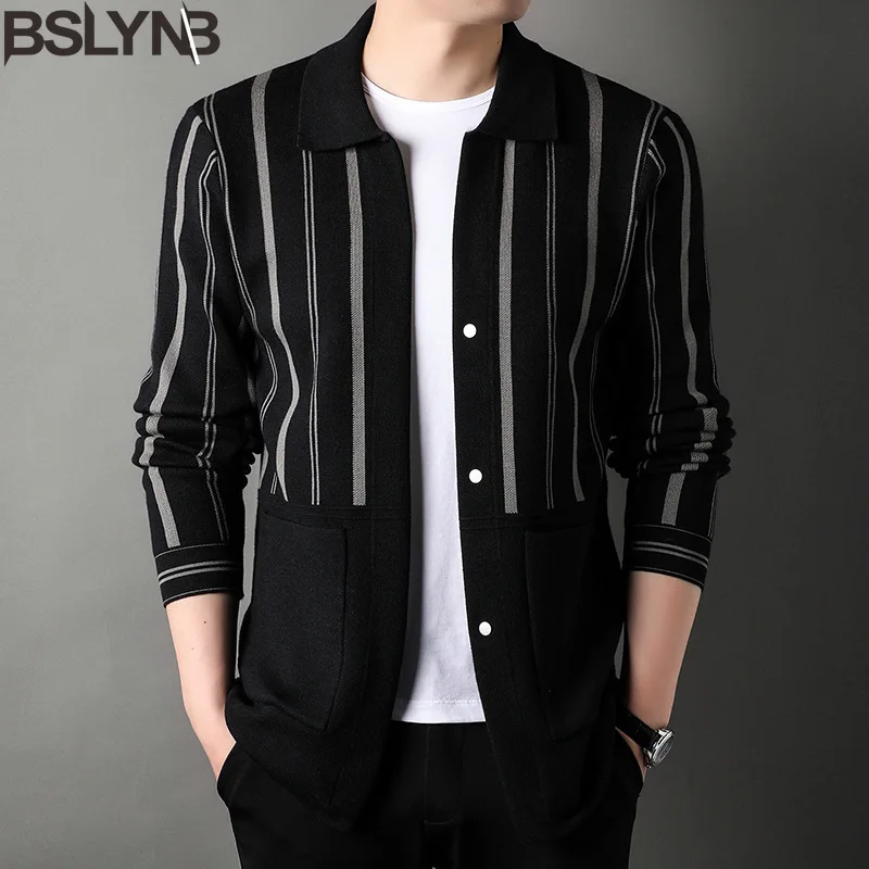 

New Fashion Autum Winter Knit Stripe Print Cardigan Men Casual SweaterCoats Jacket