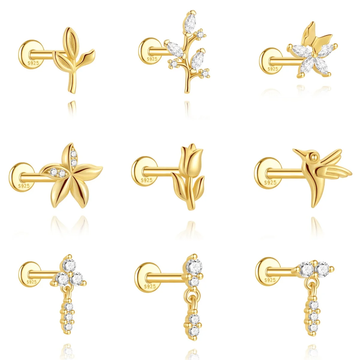 ROXI 925 Sterling Silver Rose/leaves/bird zircon Piercing Earring For Woman Flat head thread exquisite design fine jewelry Gifts