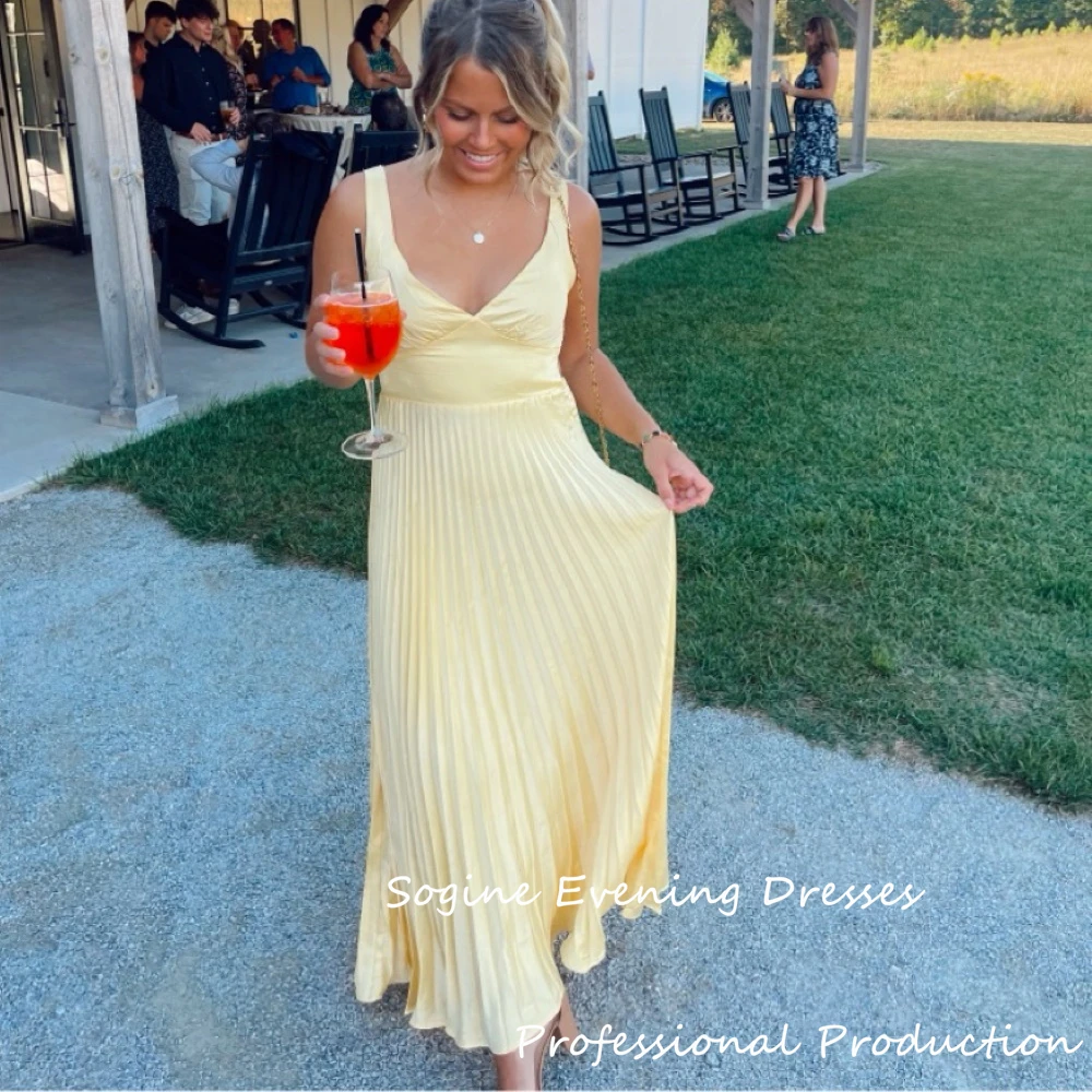 

V-neck Satin Evening Dresses For Women A-line Pleated Spaghetti Strap Cocktail Party Dress Sexy فساتين سهرة Formal