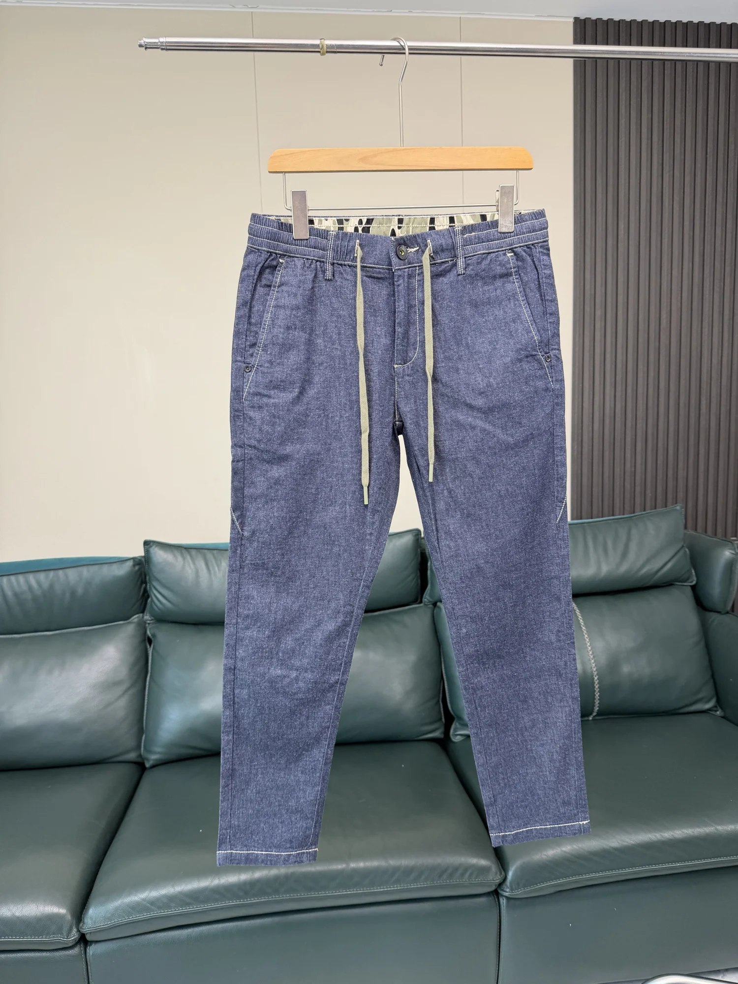 Comfortable Cotton Linen Blend Men's Casual Straight Leg Nine-Tenths Jeans Elastic Waist Fashionable Urban Style Spring Summer