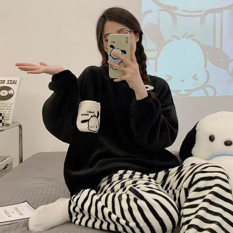 

Kawaii Sanrio Hello Kitty Plush Pajamas Set Anime Cartoon Print Soft Comfortable Warm Autumn Winter Cute Girls Home Wear