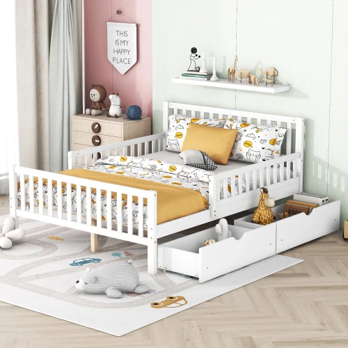 # Full Size Solid Wood Modern Platform Bed With Guardrails On Both Sides And Two Storage Drawers