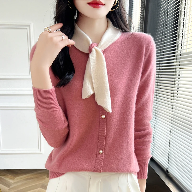 Spring Autumn New Women\'s Clothing 100% Wool Knitted Hoodie Casual Fashion Bow Collar Tops Long Sleeve Loose Bottom Shirt Solid