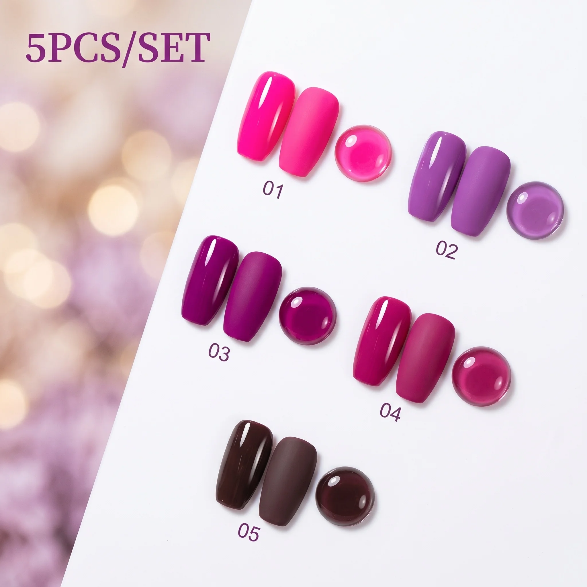 Hassleless 5Pcs Purple Rose Contrast Color Nail Gel Set, 5-Pack, Removable Nail Gel, Suitable for Various Occasions, Nail Salon, Essential for Nail Art, Women's Nail Tools, Nail Art Set, Gel Nail DIY Design, Preferred