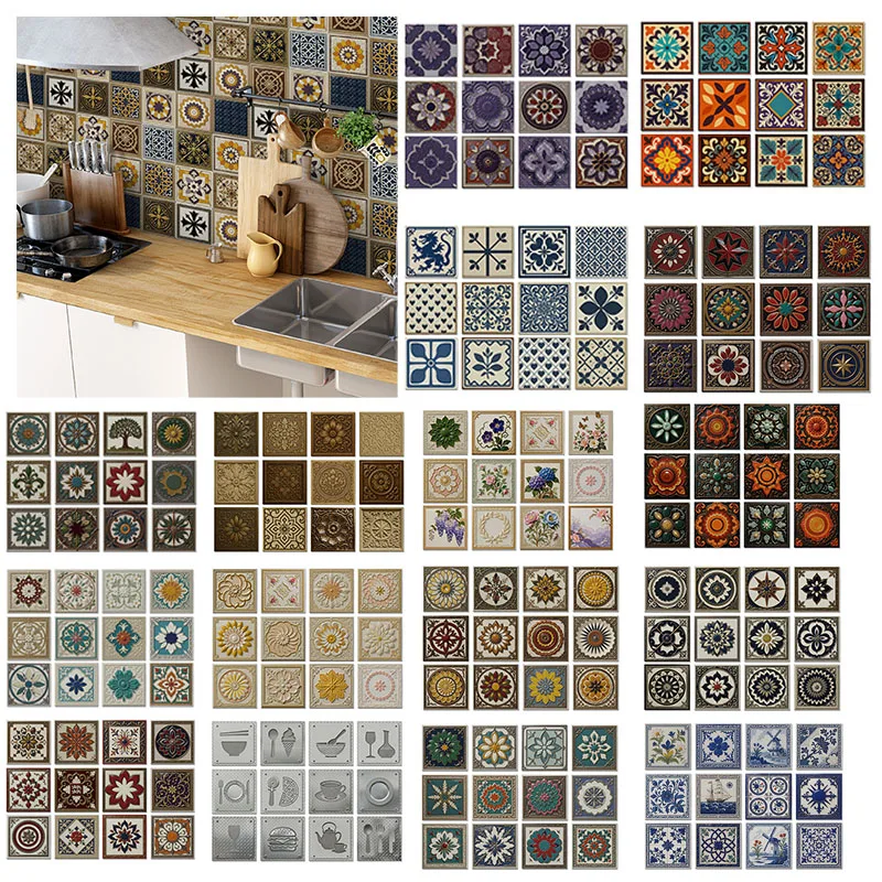 1Set 12Pcs Self-adhesive Waterproof Vintage Tile Wall Stickers Set Colorful Retro Ethnic For Kitchen Living Room Home Art Decor