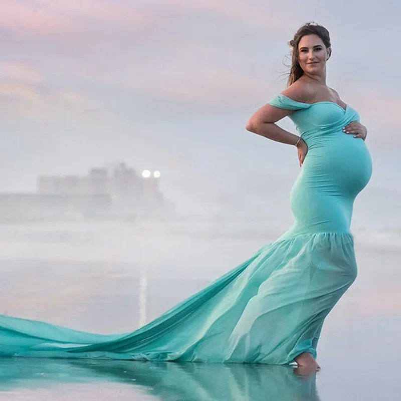 

Maternity photography props Pregnancy Cloth Cotton+Chiffon Maternity Off Shoulder Half Circle Gown shooting photo pregnant dress