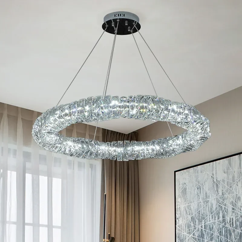 

Modern Restaurant Remote Control Dimmable Chandelier Lustre Crystal Pendant Lights Luxury Round Living Room Led Luminarias Lamp