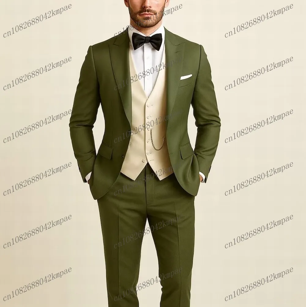 

Army Green And Beige Formal Men Suit Groom Groomsman Wedding Party Prom Business Male Tuxedos 3 Piece Set Blazer Vest Pants