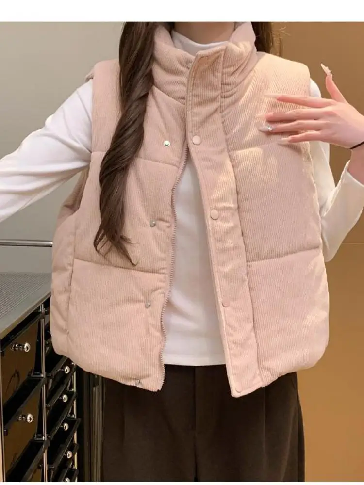 

Korean Style Women Solid Stand Collar Sleeveless Corduroy Down Vest Coat Winter Slim Business Single Breasted Tank Waistcoat Top
