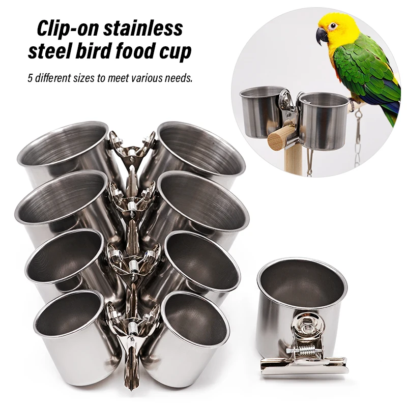 Bird Feeding Double Cups Stainless Steel Parrot Cage Stand Bird Feeder Box Parrot Cups Bowls Container For Food Water Feeding