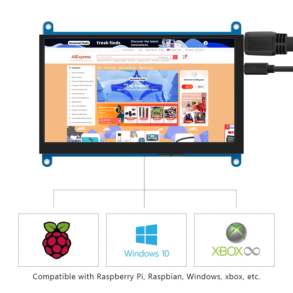 Pantalla Raspberry Pi KEPIFO táctil, IPS/TN 1024 × 600, táctil capacitivo, retroiluminación Dual integrada, entrada HDMI