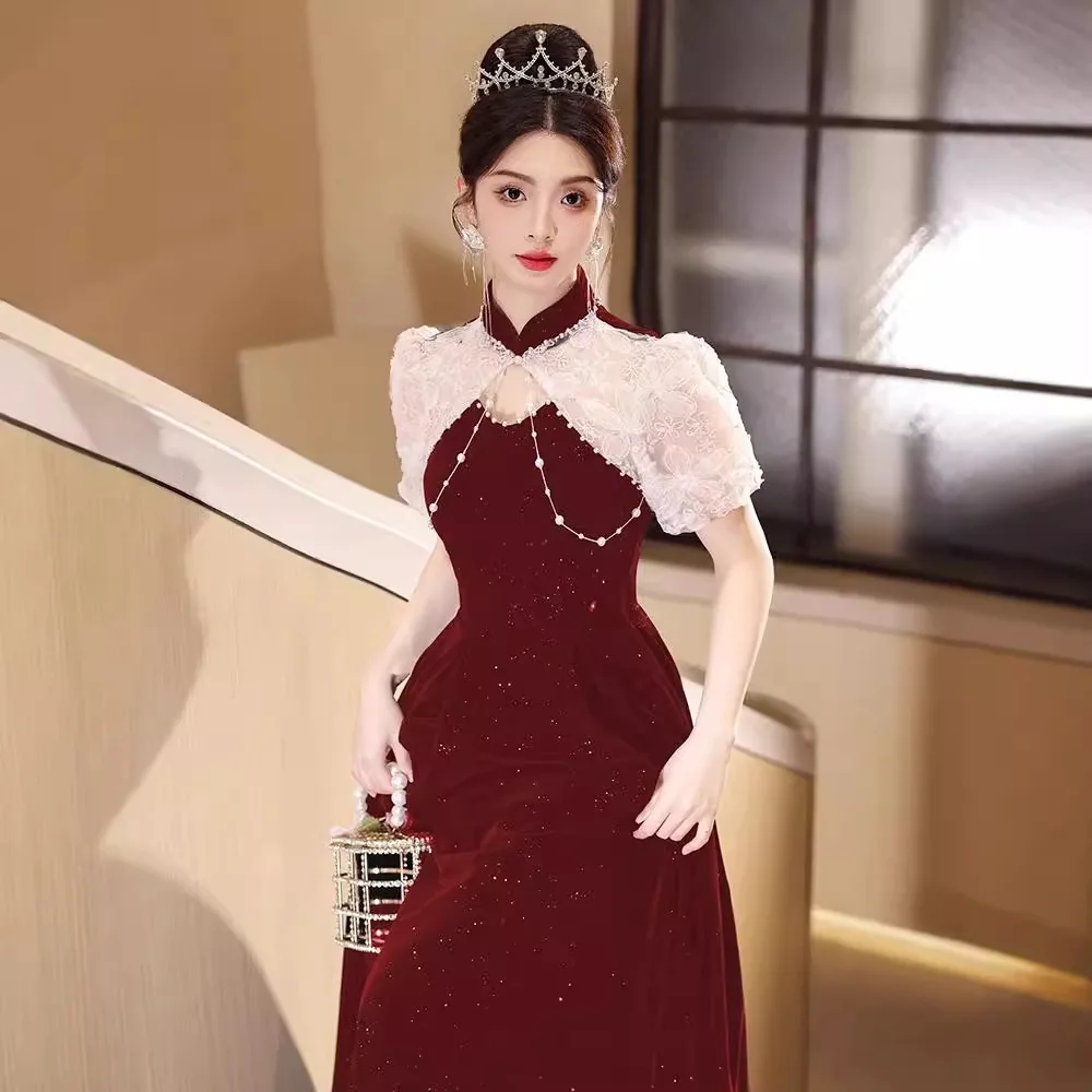 

New Chinese Cheongsam Toast Dress New Bridal Wedding and Engagement Banquet Dress Women's Wine Red Wedding Dress Autumn/Winter
