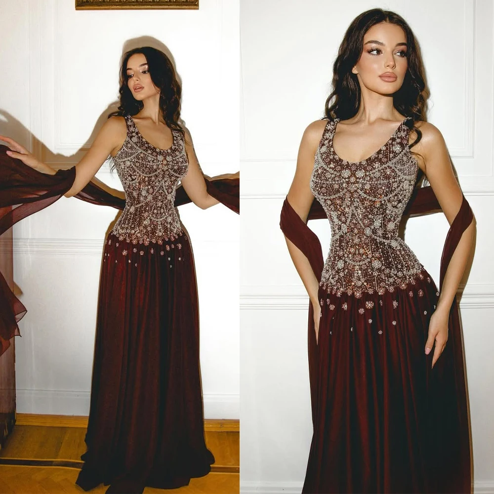 Brilliant Evening Dress O-Neck Sleeveless A Line Formal Occasion Dresses Sequined Beaded Floor Length Customized Party Dress