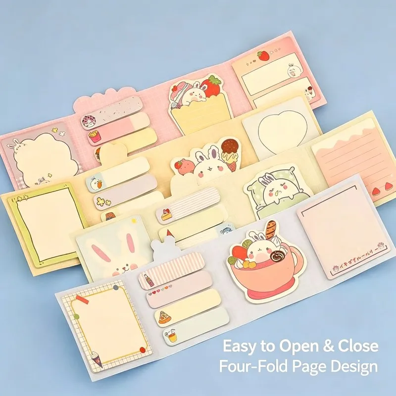 Kawaii Bunny Foldable Sticky Notes Set, 4-Fold Memo Pad, Rabbit Index Tabs, Student Journal Stationery