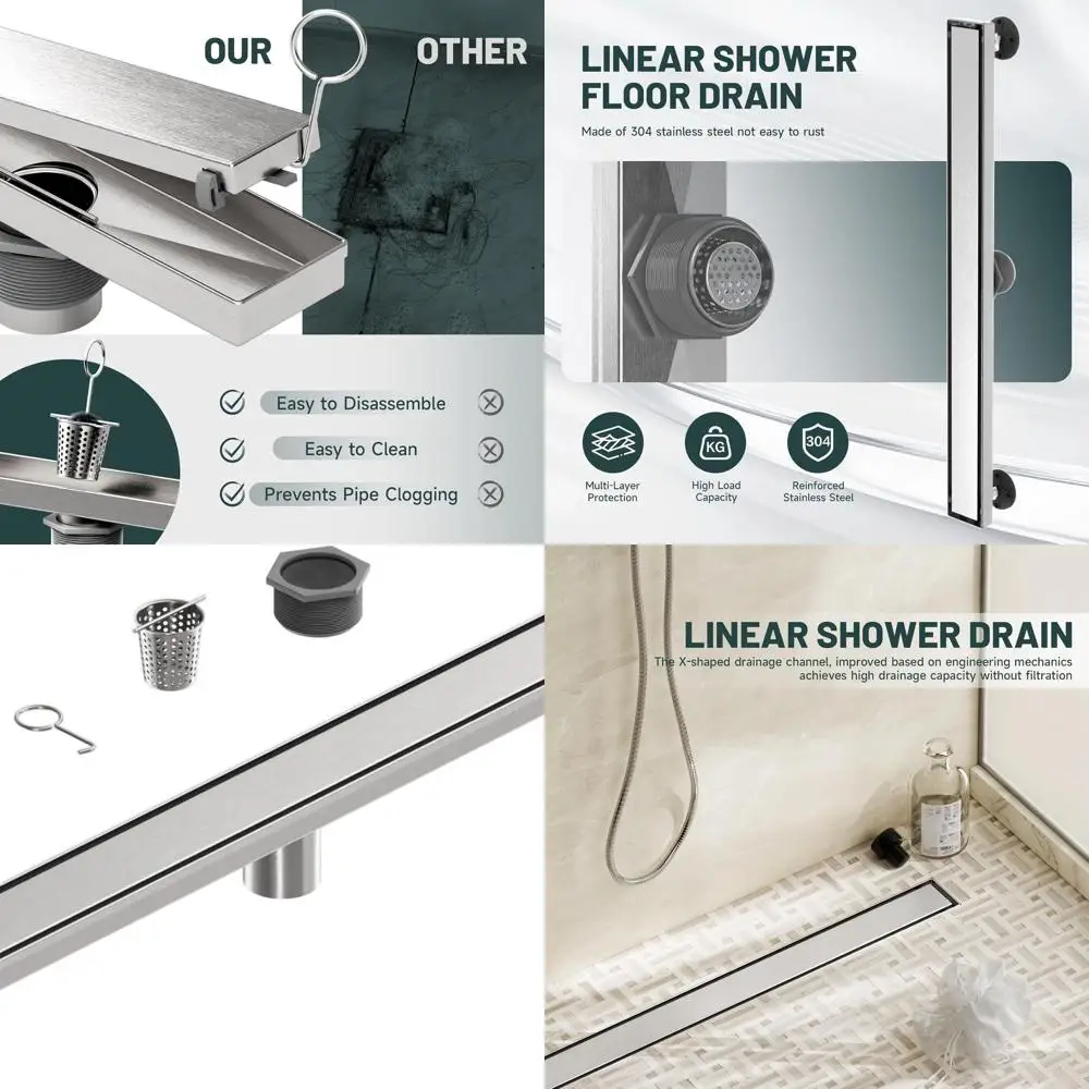 

Rectangular Stainless Steel Shower Drain with Hair Strainer, Brushed Nickel Finish