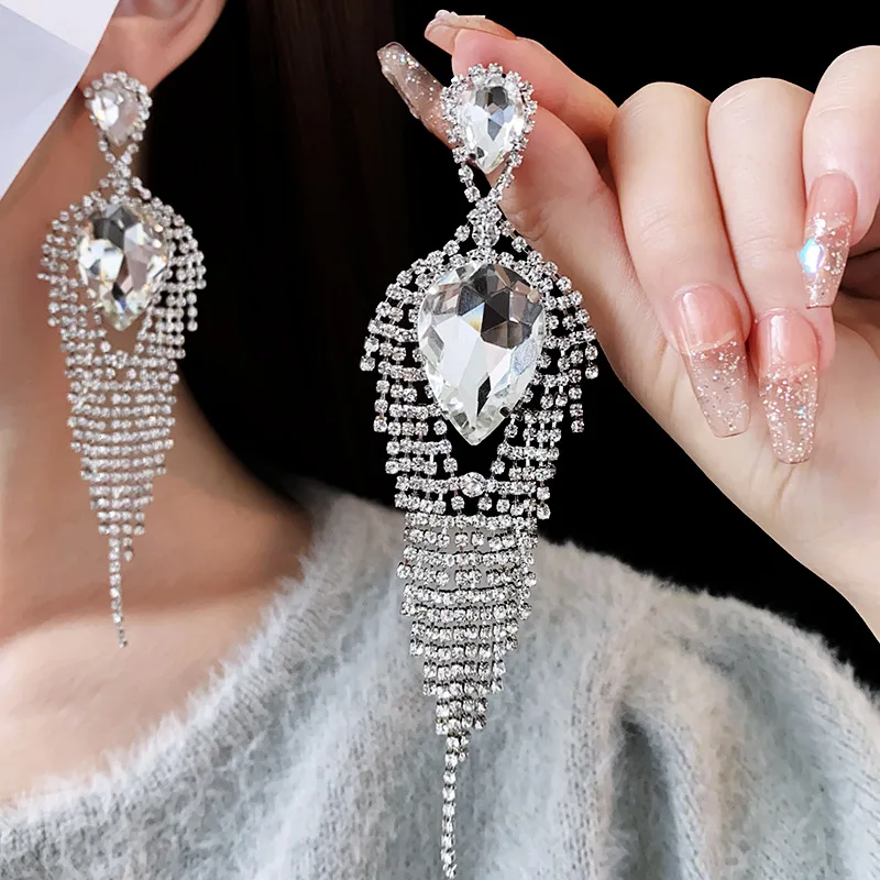 Exaggerated Rhinestone Water Drop Long Tassel Dangle Earrings for Women Occidental Fashion Personality Dainty Jewelry Wholesale