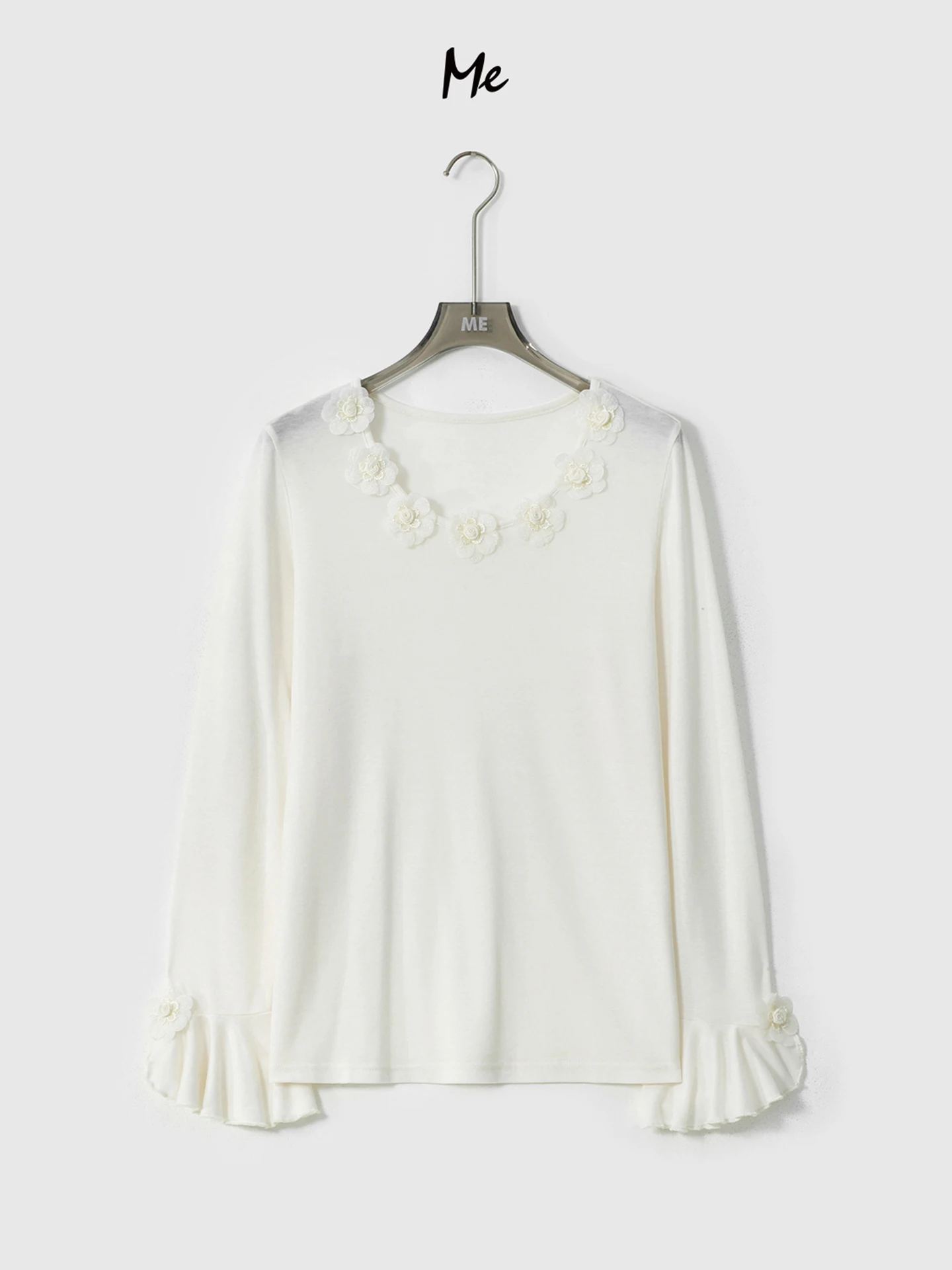 

Женский универсальный топ Lao Yang's Personal ME 'Little White Flower' из шерсти, повседневный базовый слой, с ручной вышивкой бисером