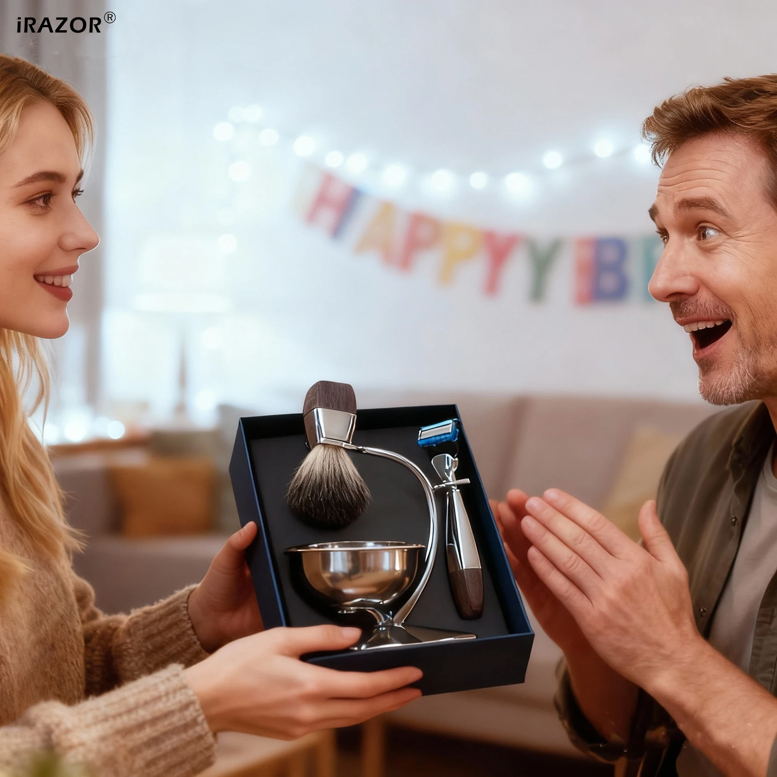 مجموعة حلاقة iRAZOR للرجال، فرشاة بادجر، ماكينة حلاقة رجالي فيوجن 5 آمنة، حامل الحلاقة، وعاء الصابون، تأتي مع صندوق هدايا للعطلات