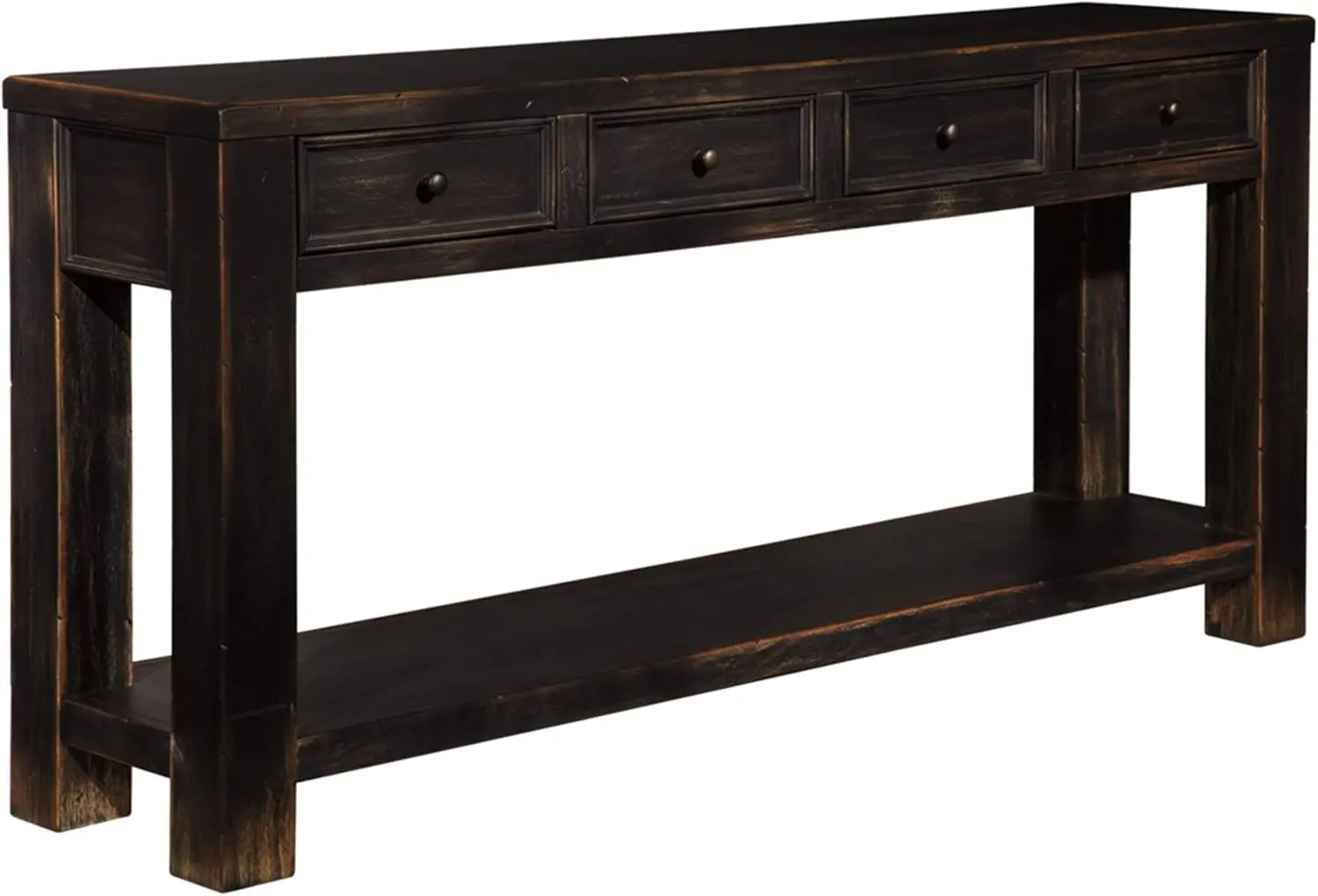 Gavelston Rustic Sofa Table with 4 Drawers and Lower Shelf Weathered Black SUBTLE RUSTIC TOUCHES 64 W X 15 D X 30 H Inches