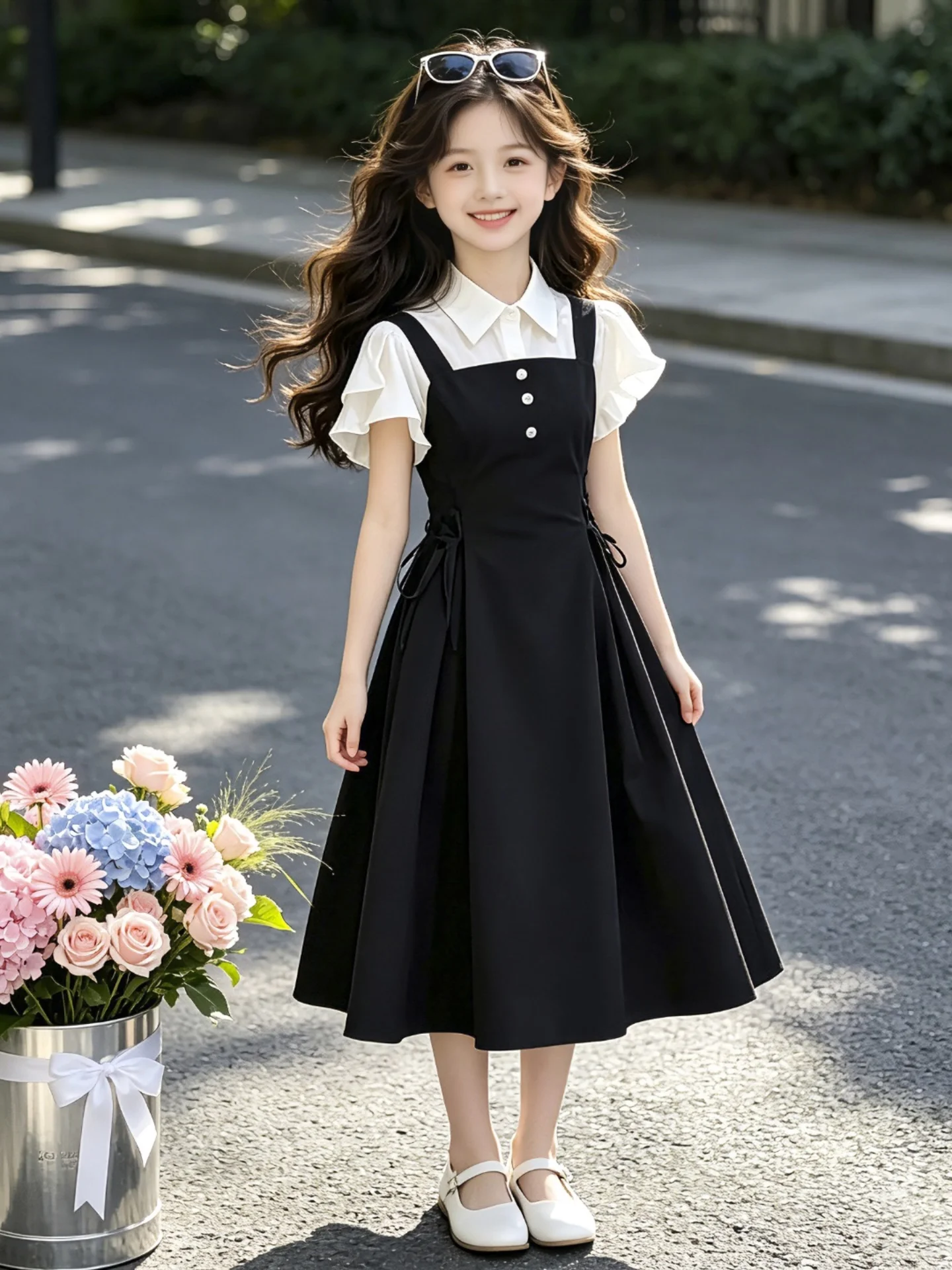 princess-style-summer-outfit-half-skirt-two-piece-set-short-sleeve-shirt-for-girls-child-age-5-14-high-waist-a-line-skirt