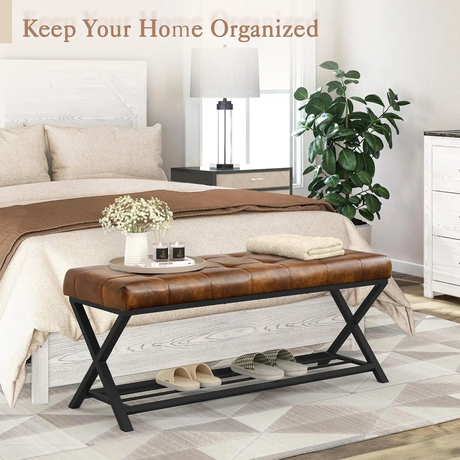 44.5” End of Bed Bench with Shelf, Linen Tufted Upholstered Storage Shoe Bench, Modern Bedroom Bench with Metal Legs for Living