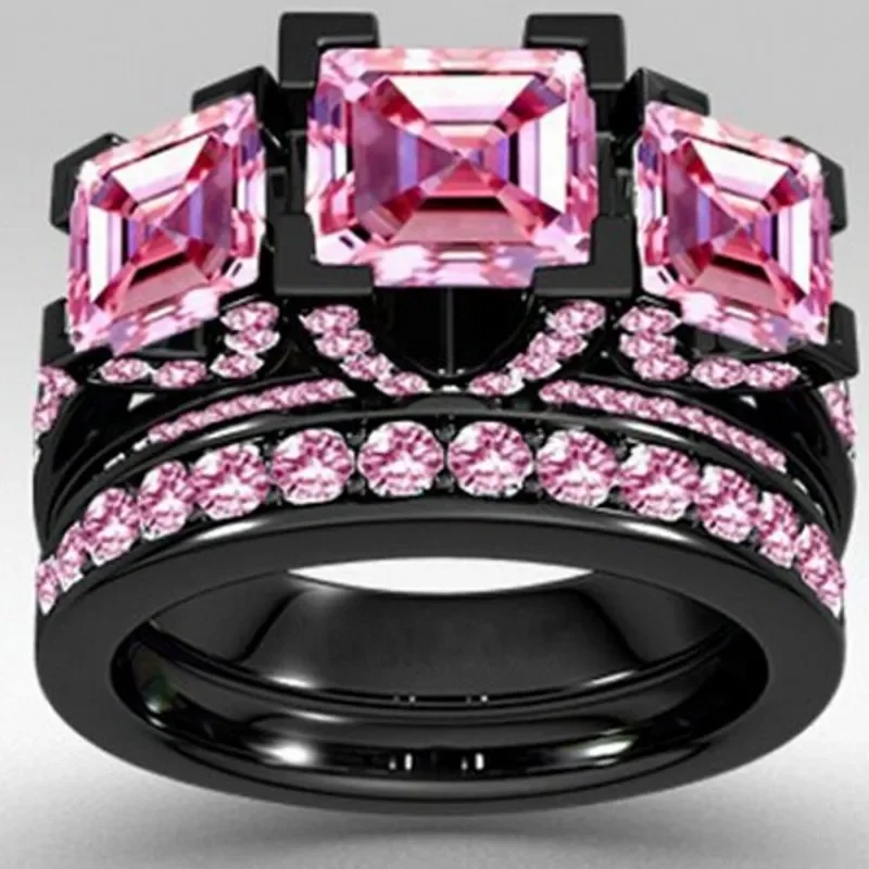 Luxury Princess Cut 6ct  Pink Sapphrie Ring Set Black Gold 925 Sterling Silver Engagement Wedding Band Rings for Women Men