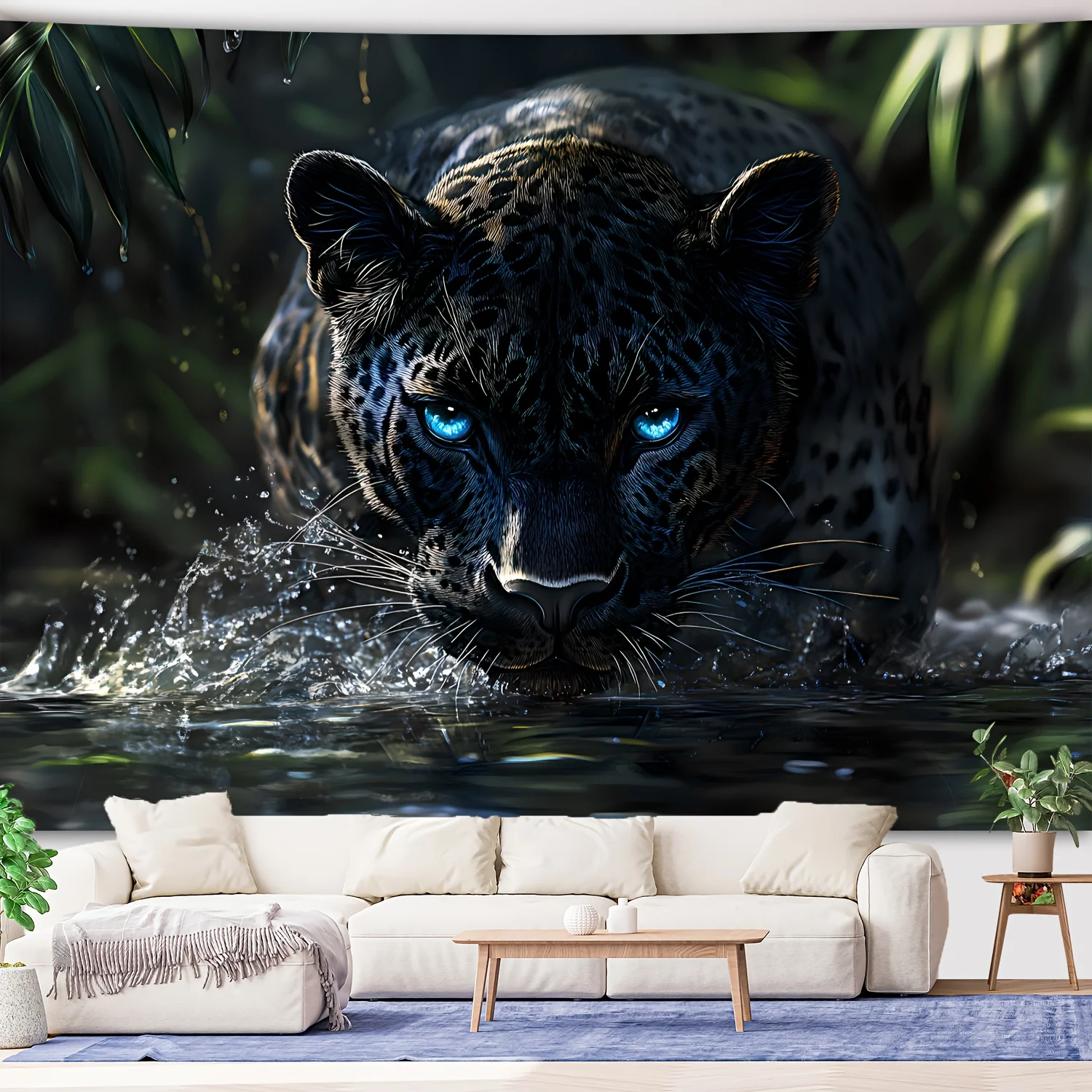 1 Stück extra großer Leopard im Wasser, Landschafts-Fotohintergrund, Tapisserie, lebendige Wandbehang mit blau-grünem Leoparden-Design