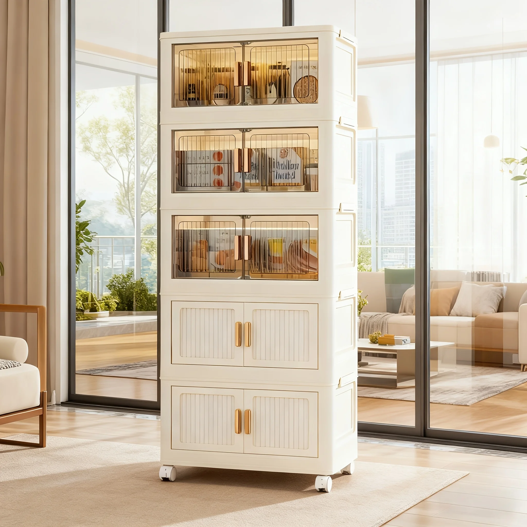 

5-Tier Foldable Storage w/ Wheels - No Assembly, Magnetic Doors, Fits Clothes/Toys/Books - For Living/Bedroom/Office, Practical