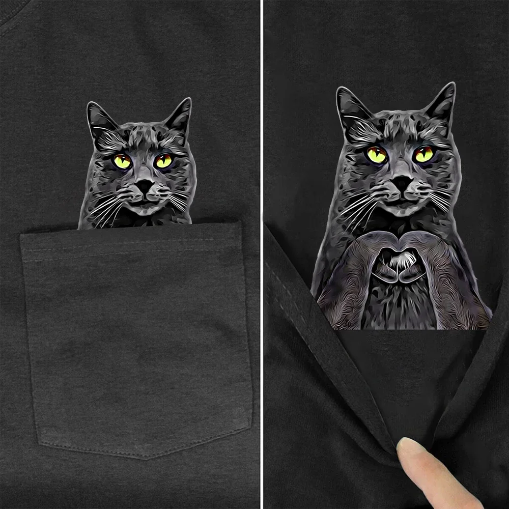 CLOOCL Black Cats Cotton T-Shirts Funny Kitten Heart-shaped Pocket Tees Men Clothing Short Sleeve Shirts Hip Hop Tops Drop Ship