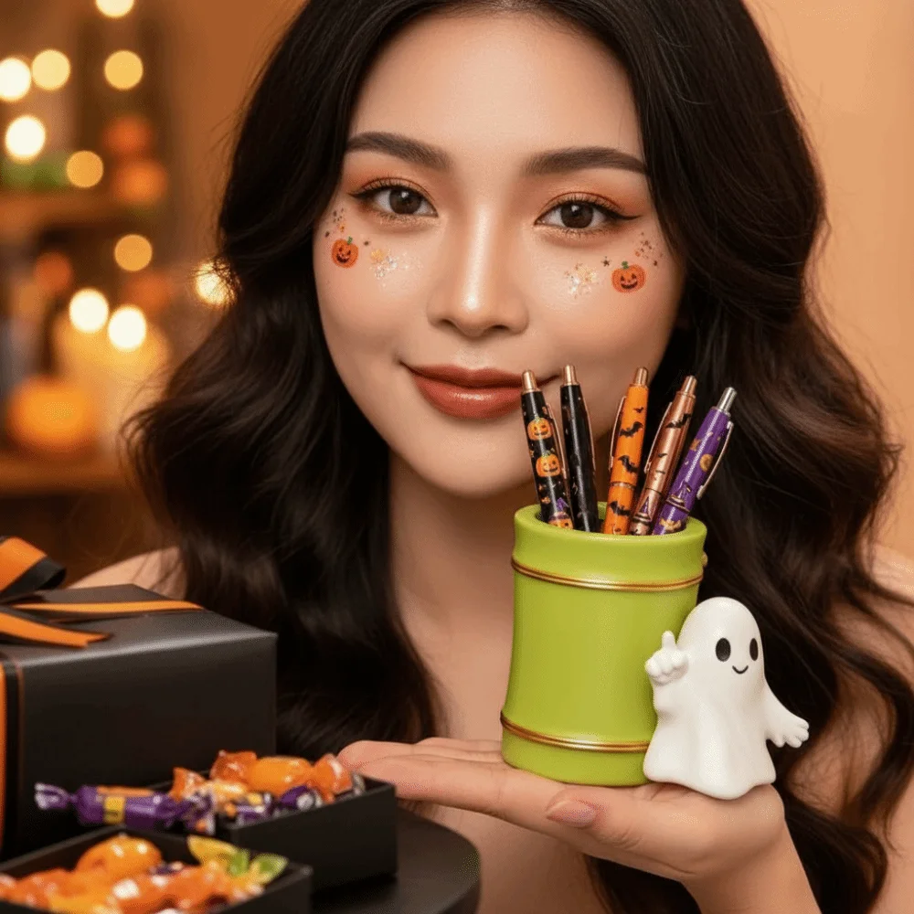 Creative Halloween Pen Holder Green Barrel Vivid 3D Ghost Pencil Cup Smooth Surface Compact Skull Desk Organizer School Students