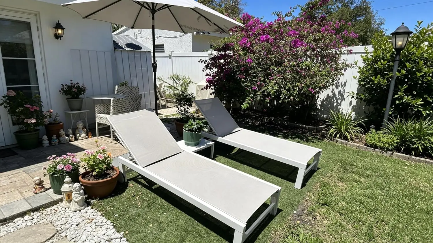 White Frame Outdoor Chaise Lounge Set of 2 Linen Fabric Patio Pool Recliner, Customized