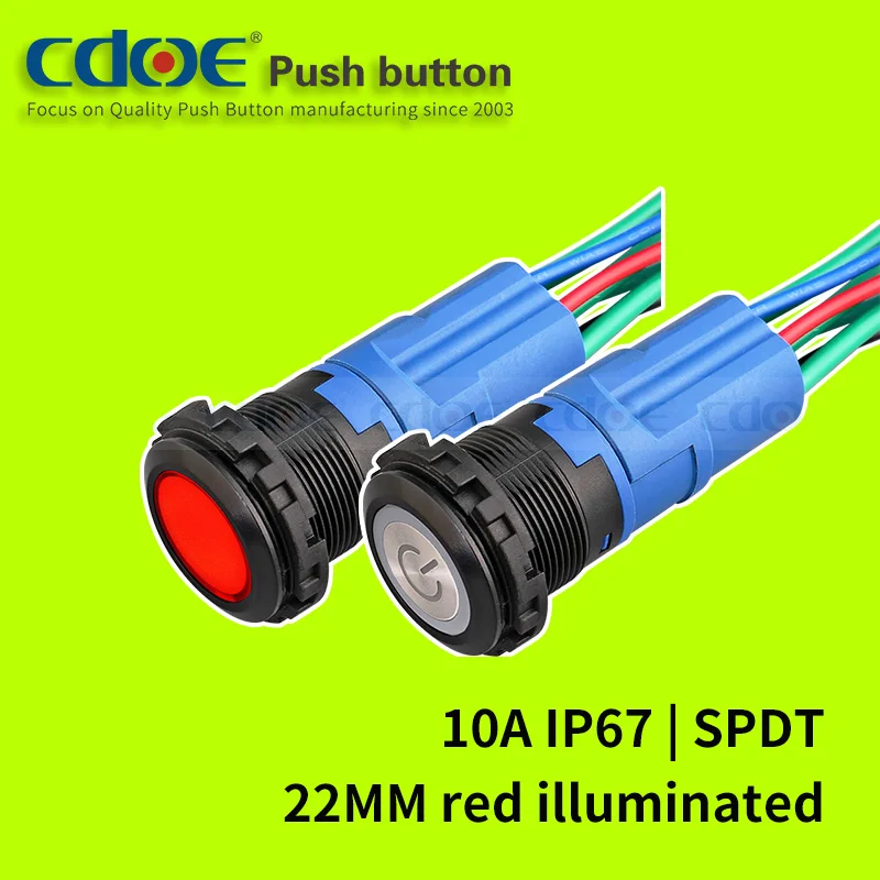 High current waterproof ip67 push button 22mm nylon shell 1no1nc 6v 48v red led momentary switches 10a