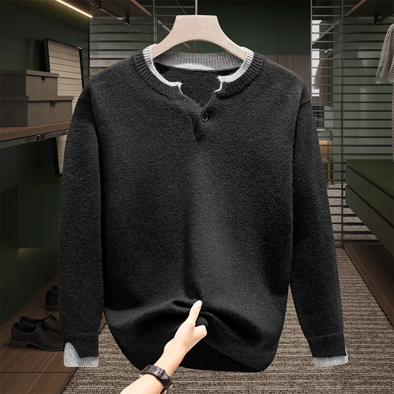 

Мужской трикотажный джемпер с воротником хенли, свободный крой, утолщенный, осенне-зимний, для ношения под одеждой, повседневный стиль, комфортный, дышащий, теплый, не скатывается