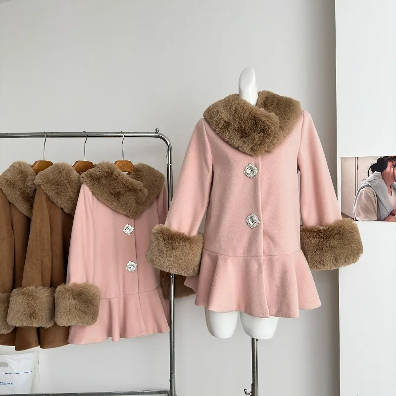 

MiiiiX Sweet Plush A-line Ruffled Woolen Coat Mid-length Single Breasted Trench Thicken Loose Outerwear Winter Women's Clothes