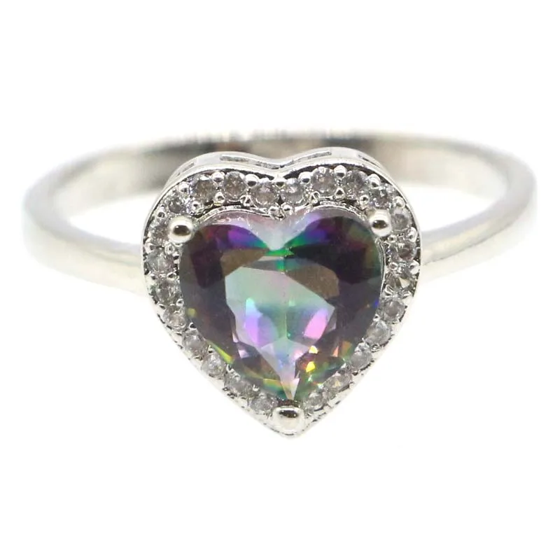 Купи 2 ПОЛУЧИ 1 бесплатно 11x11 мм Милая в форме сердца 2,4 г огонь Радуга Мистик Топаз Белый CZ Женская фотография ежедневная одежда серебряные кольца