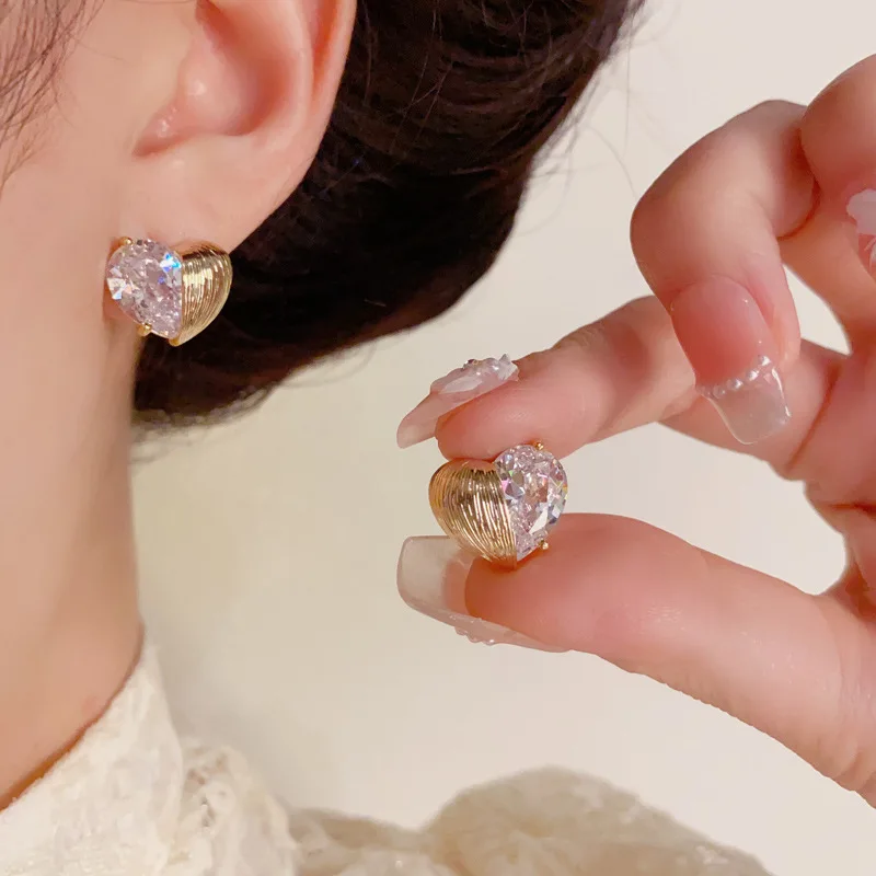 Fashion zircon splicing love stud earrings women's exquisite light luxury versatile super flash earrings