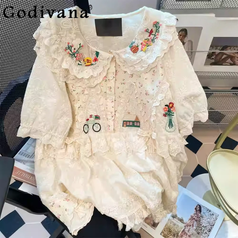 

French Unique Sweet Peter Pan Collar Short Sleeve Tassel Lolita Shirt Girl Spring Summer Loose Age Reducing Lace Embroidered Top