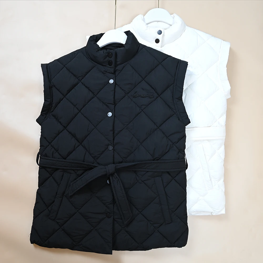 

Новая зимняя женская стеганая жилетка с ромбовидным узором, воротником-стойкой, поясом, теплая, с длинными рукавами, хлопковая, серия K Sle US