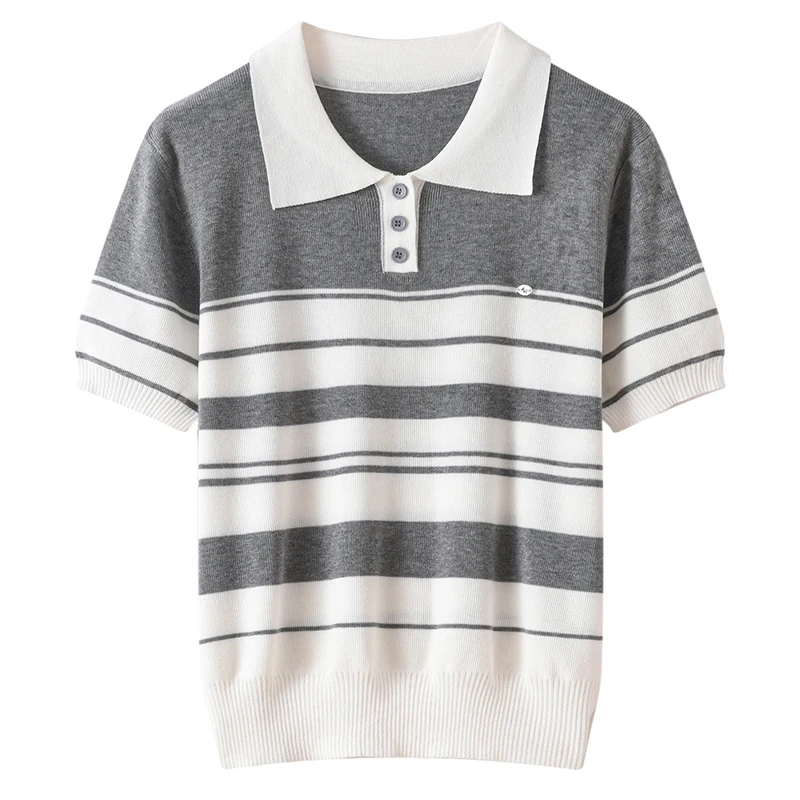 Striped Knitted Shirt Women's Short Sleeve Polo Collar Summer New Collection pullover Loose Color blocked Bottom Top Half Sleeve