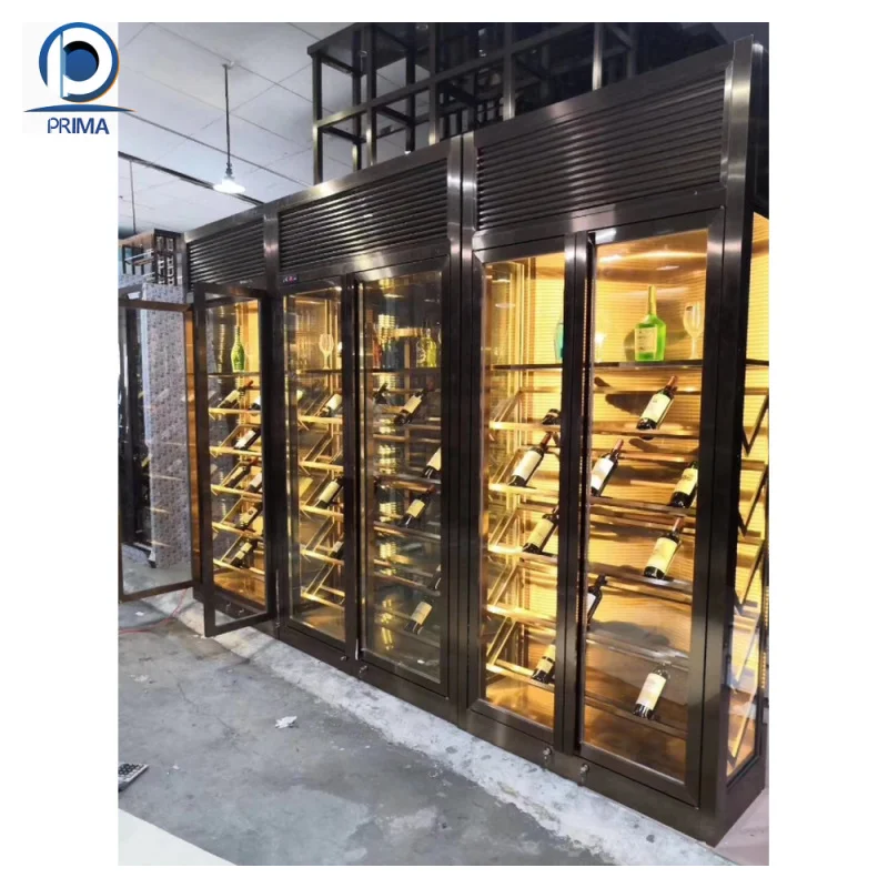 مخصص. الحديثة الفاخرة درجة حرارة ثابتة برودة الفولاذ المقاوم للصدأ النبيذ الأحمر قبو تخزين خزانة العرض