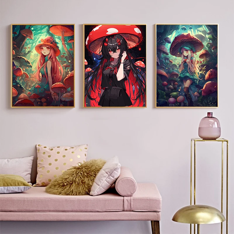 Abstract Mushroom Anime Girls Painting Canvas Poster Cute Loli Wall Art Picture for Living Room Girl Bedroom Modern Home Decor