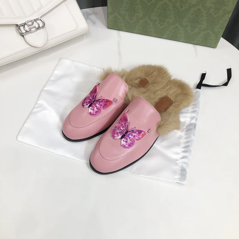 Bear Embroider Real Fur Mullers Sandals Slippers Women leather Furry Flat Shoes Backless Slip on Loafers Ladies Outdoor Slides