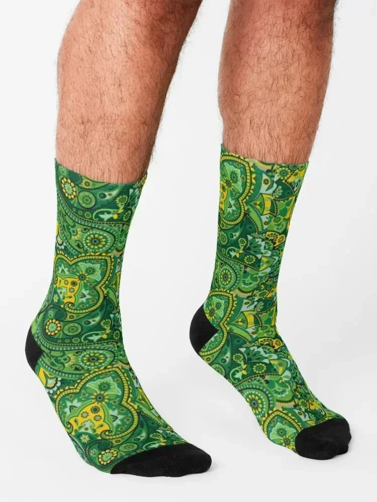 Green, Yellow and Light Blue Paisley Graphic Tee Socks halloween retro snow cotton Socks For Girls Men's