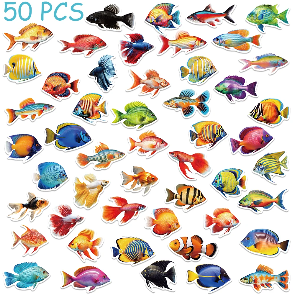 Desenhos animados peixes adesivos para crianças, decalques estéticos para laptop, skate, mala, papelaria Scrapbook, material escolar, bonito, 50pcs