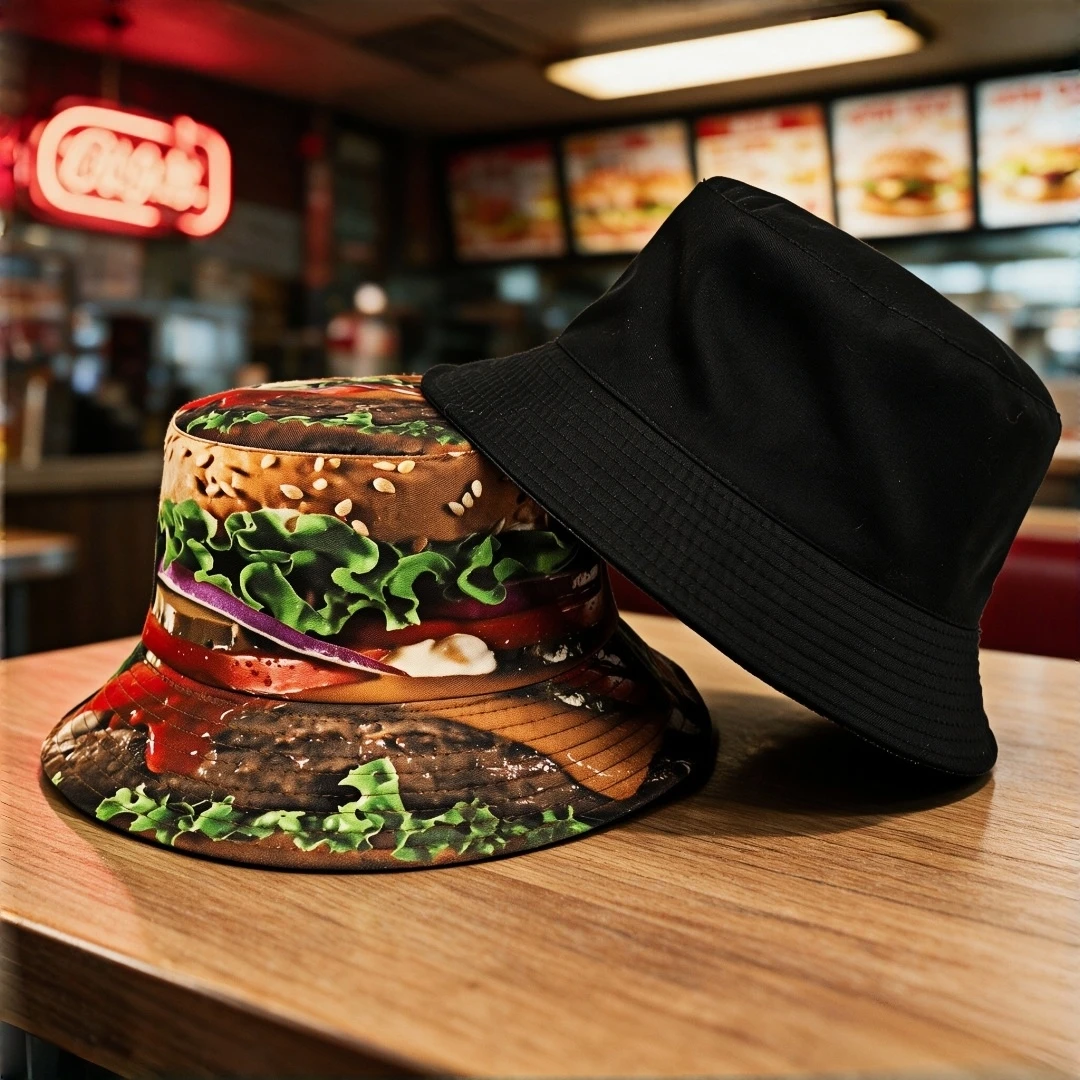 Realistic Big Hamburger Print Bucket Hat Funny Food Pattern Wide Brim Fisherman Cap Unisex Summer Beach Outdoor Vacation Sun Hat